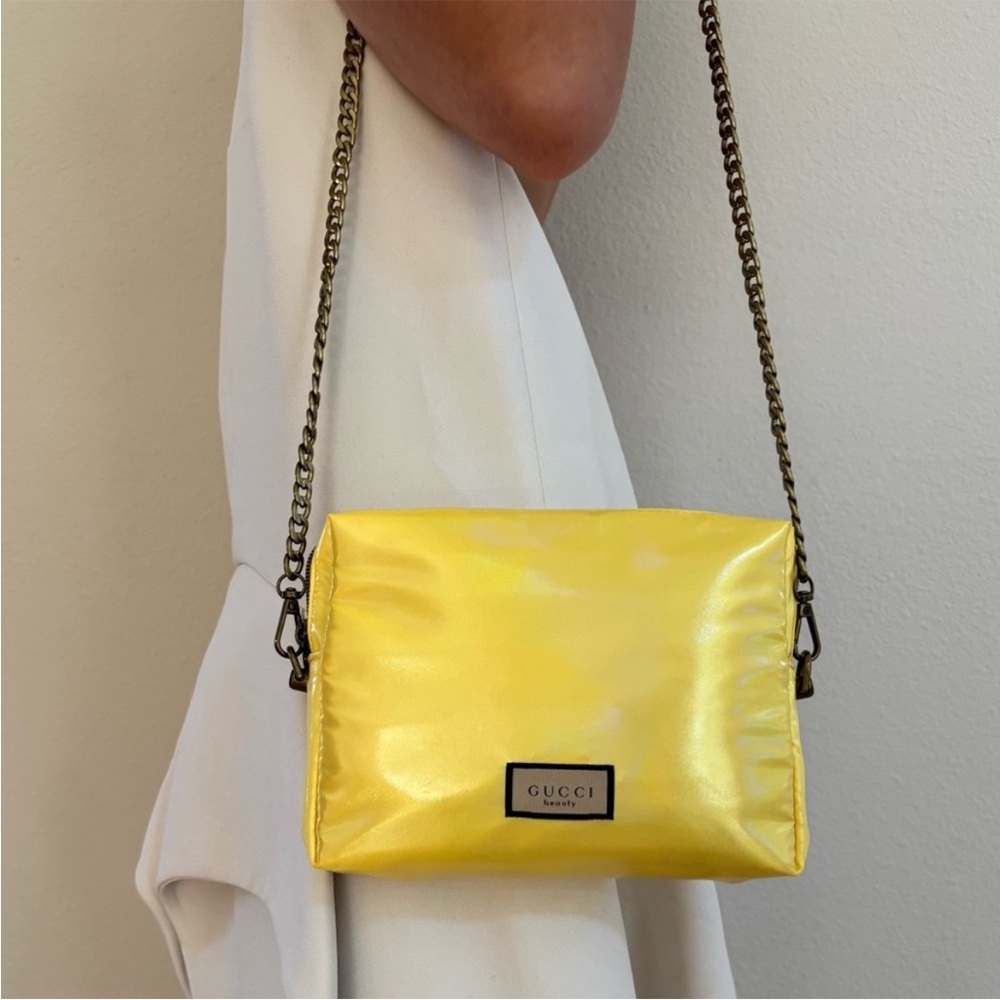 GUCCI iridescent yellow flora flower bag old gold chain logo RARE